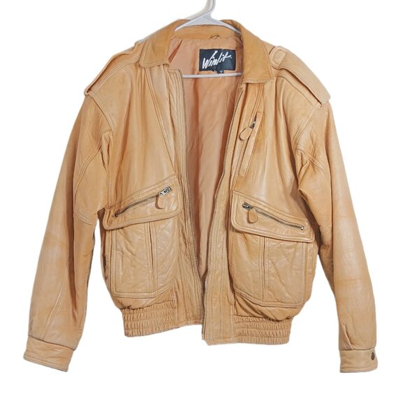 Winlit Leather Bomber Jacket Mens M Camel Tan Vtg Pilot Flight Zip Pocket Soft - Picture 1 of 6